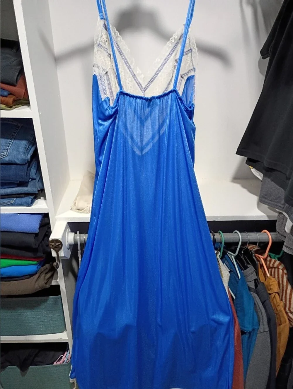 Vintage Electric Blue Lace Silky Night Gown - Picture 3 of 8